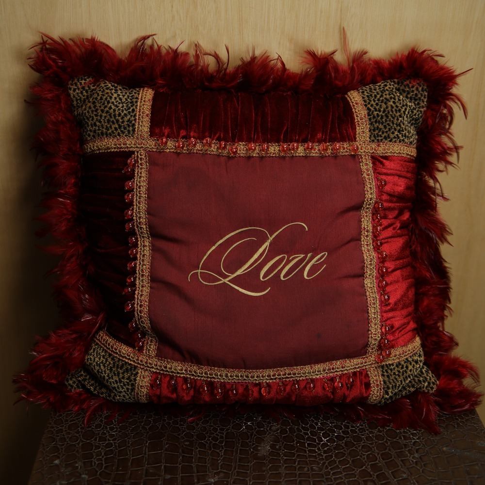 Vintage Love Embroidered Velvet Feather Fringe Throw Pillow Beaded Leopard Trim